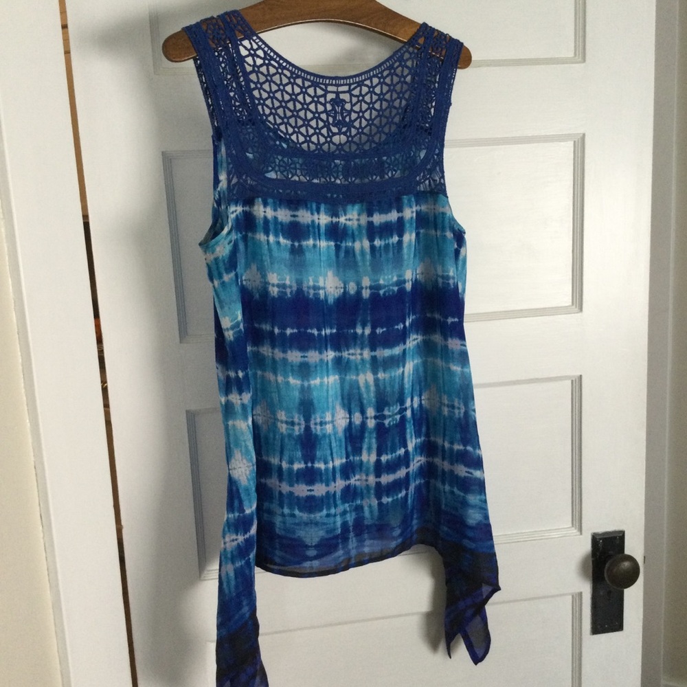 Dress Barn -Blue Tie-Dye Crochet Yoke Sleeveless Top